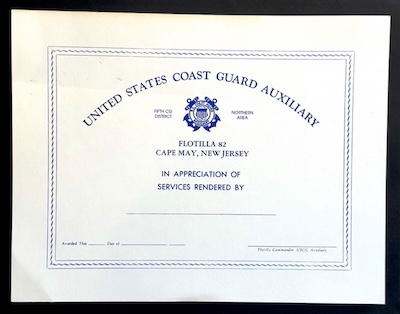 USCG Auxiliary Flotilla Cape May Certificate of Appreciation form
